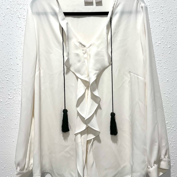 Chico's White Ruffled Tie Front Blouse L/12 - Picture 7 of 9